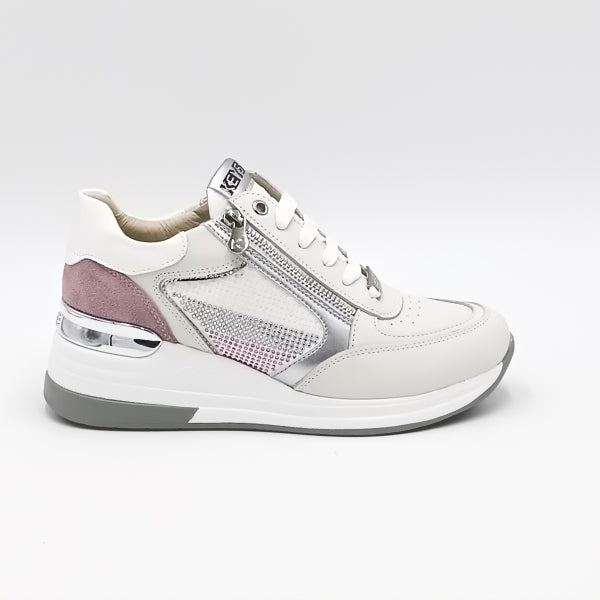 Keys K-9025 sneakers alte in pelle bianca con strass